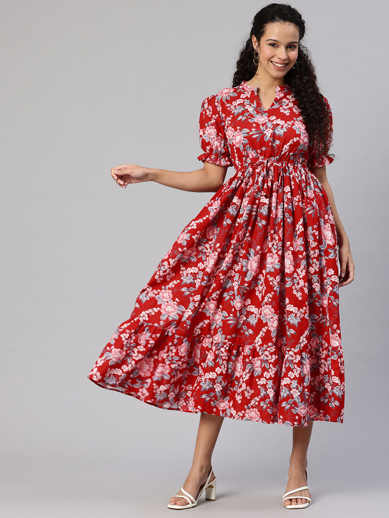 Red Floral Printed Fit and Flare Dress – The Anarkali Shop