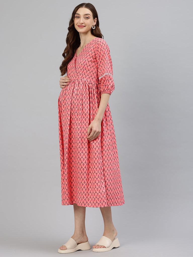 Pink floral Print Maternity Midi Dress