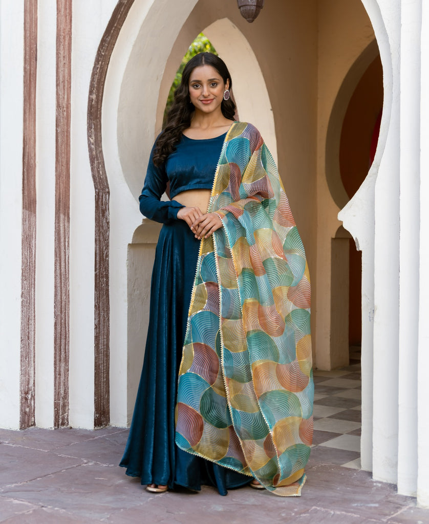 Teal Velvet Lehenga with embroiderded organza dupatta