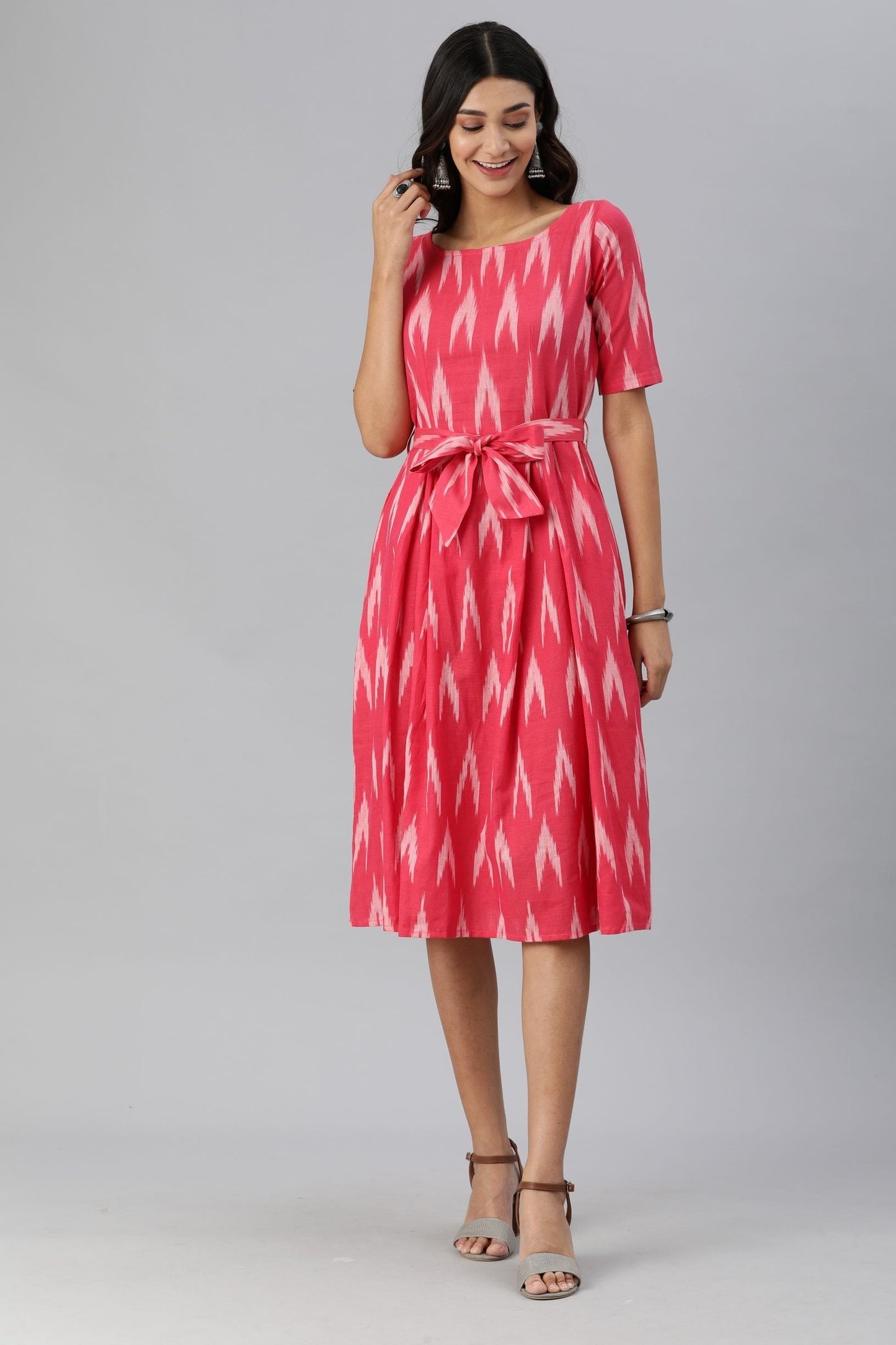 Women Pink Printed Fit and Flare Dress