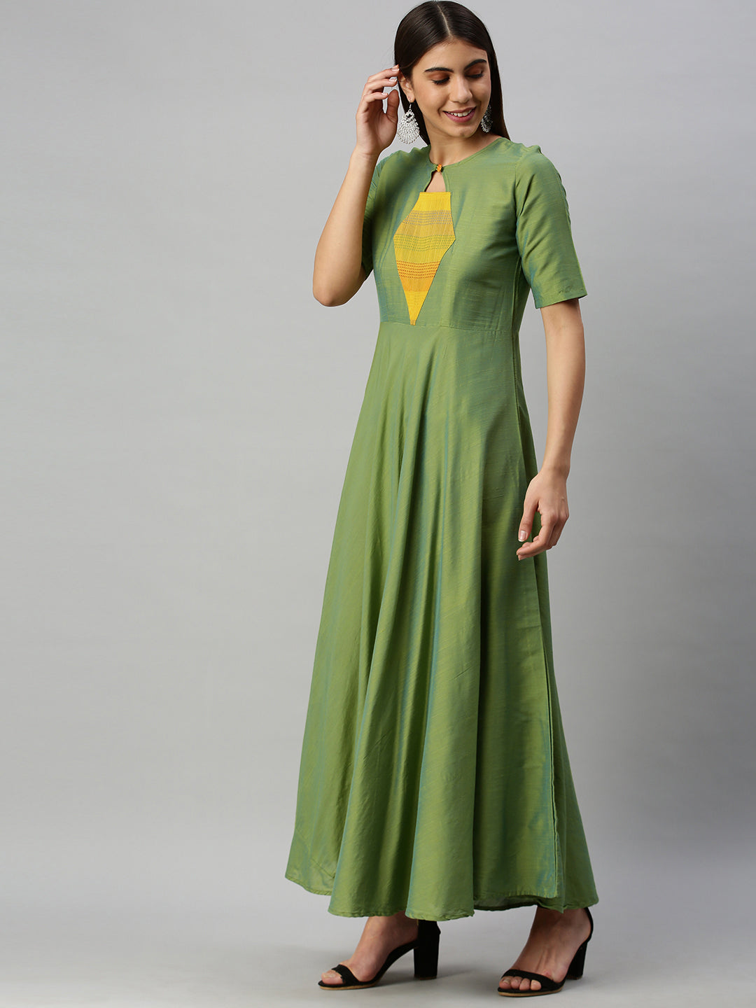 Green Solid Fit and Flare Dress