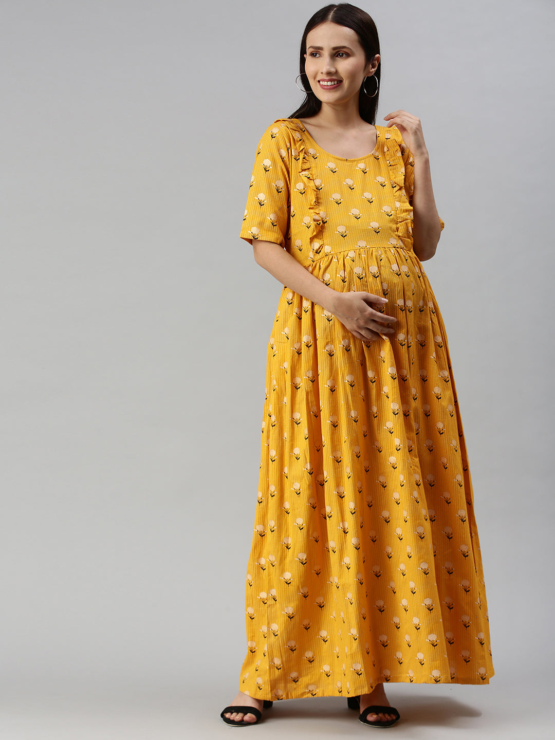 Mustard Yellow Floral Maternity Maxi Dress