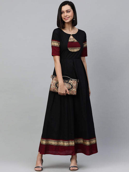 Black Yoke Design Handloom Fit and Flare Dress