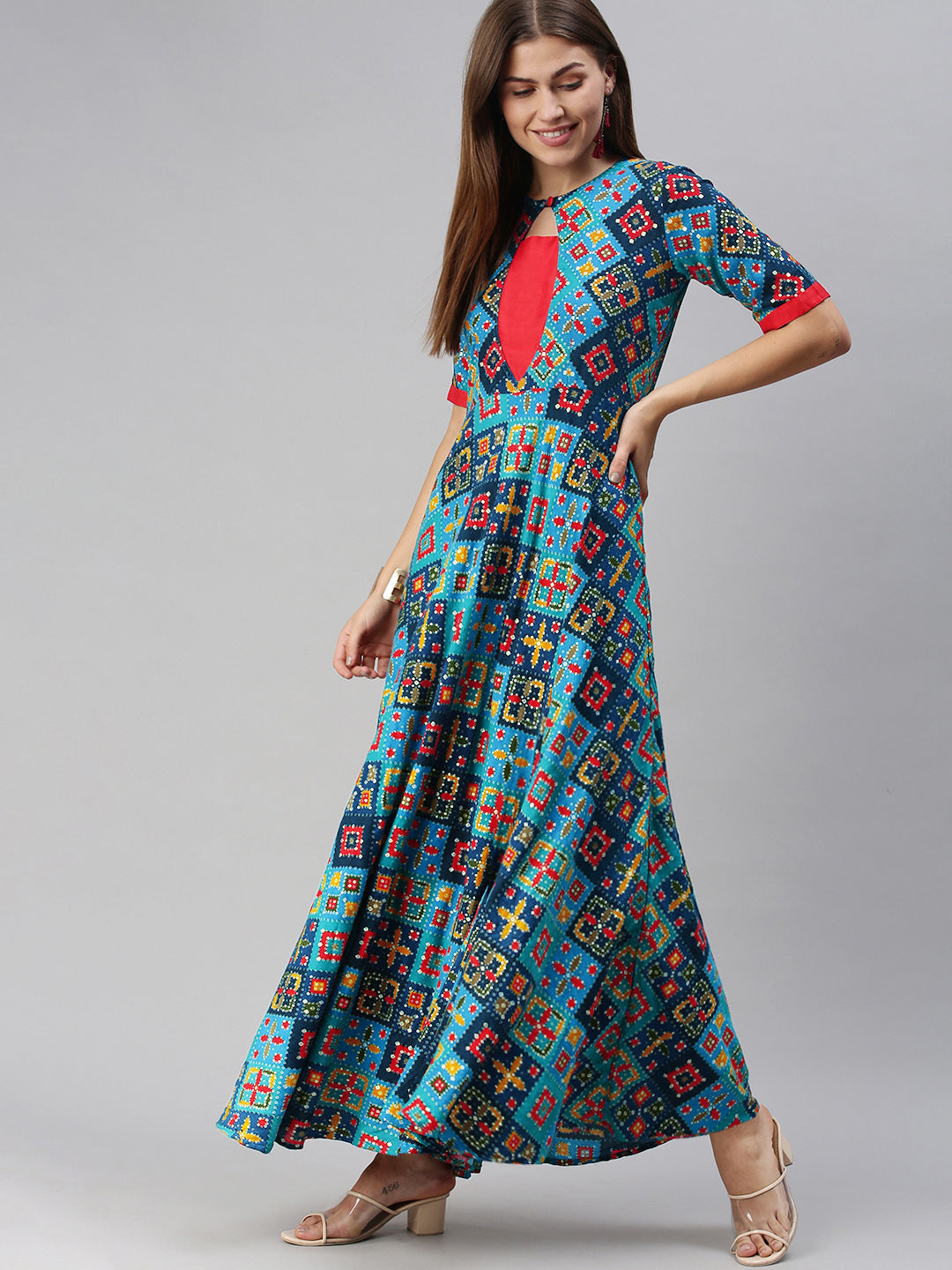 Blue Patola Print Fit and Flare Dress