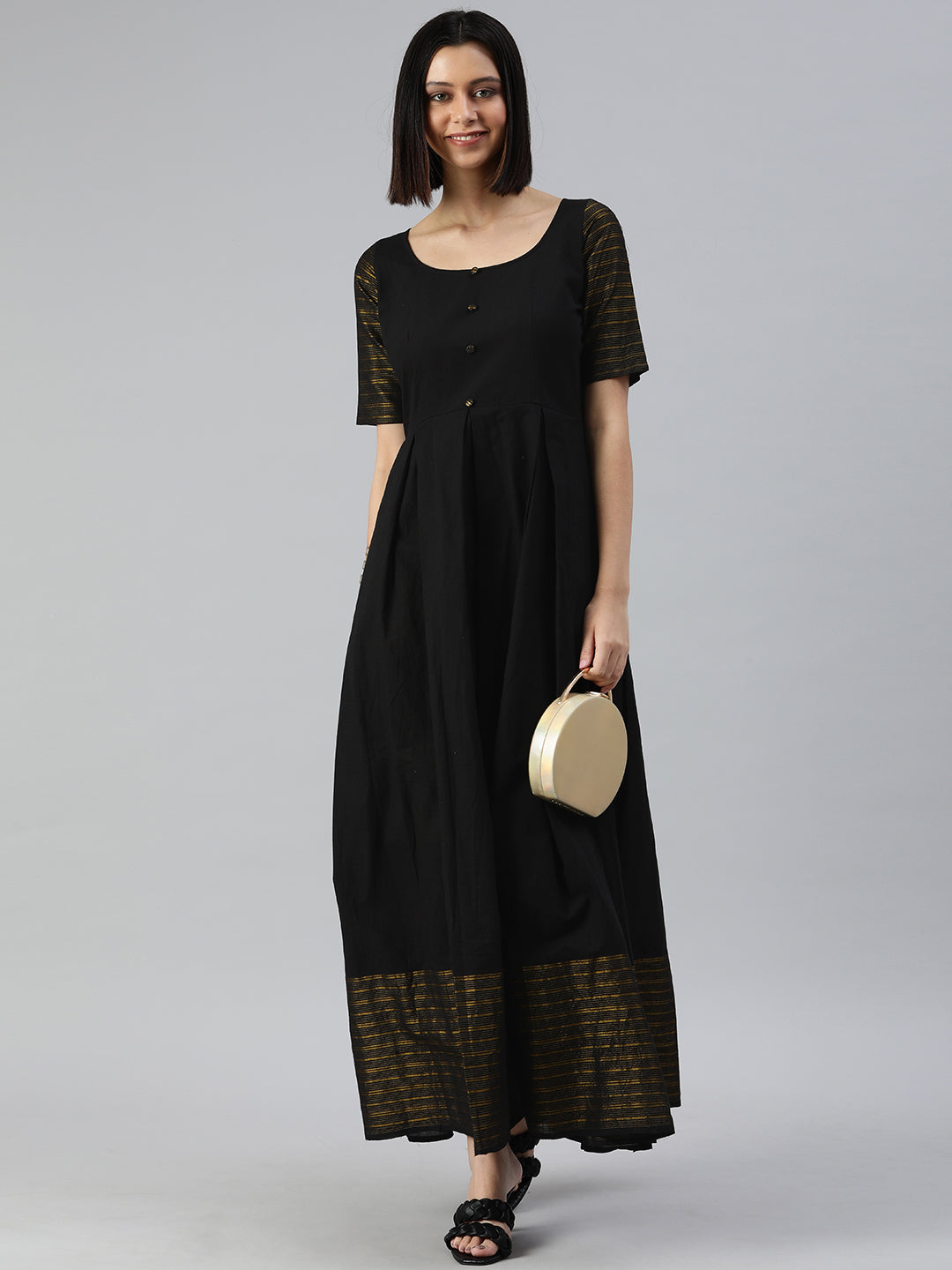 Black & Gold Striped Yoke Design Cotton Maxi Fit & Flare Dress