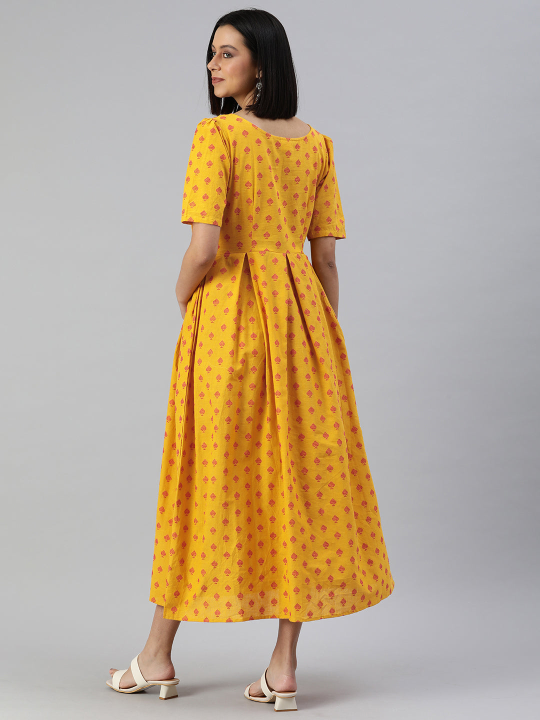 Mustard Yellow & Red Pure Cotton Embroidered Maternity A-Line Midi Dress