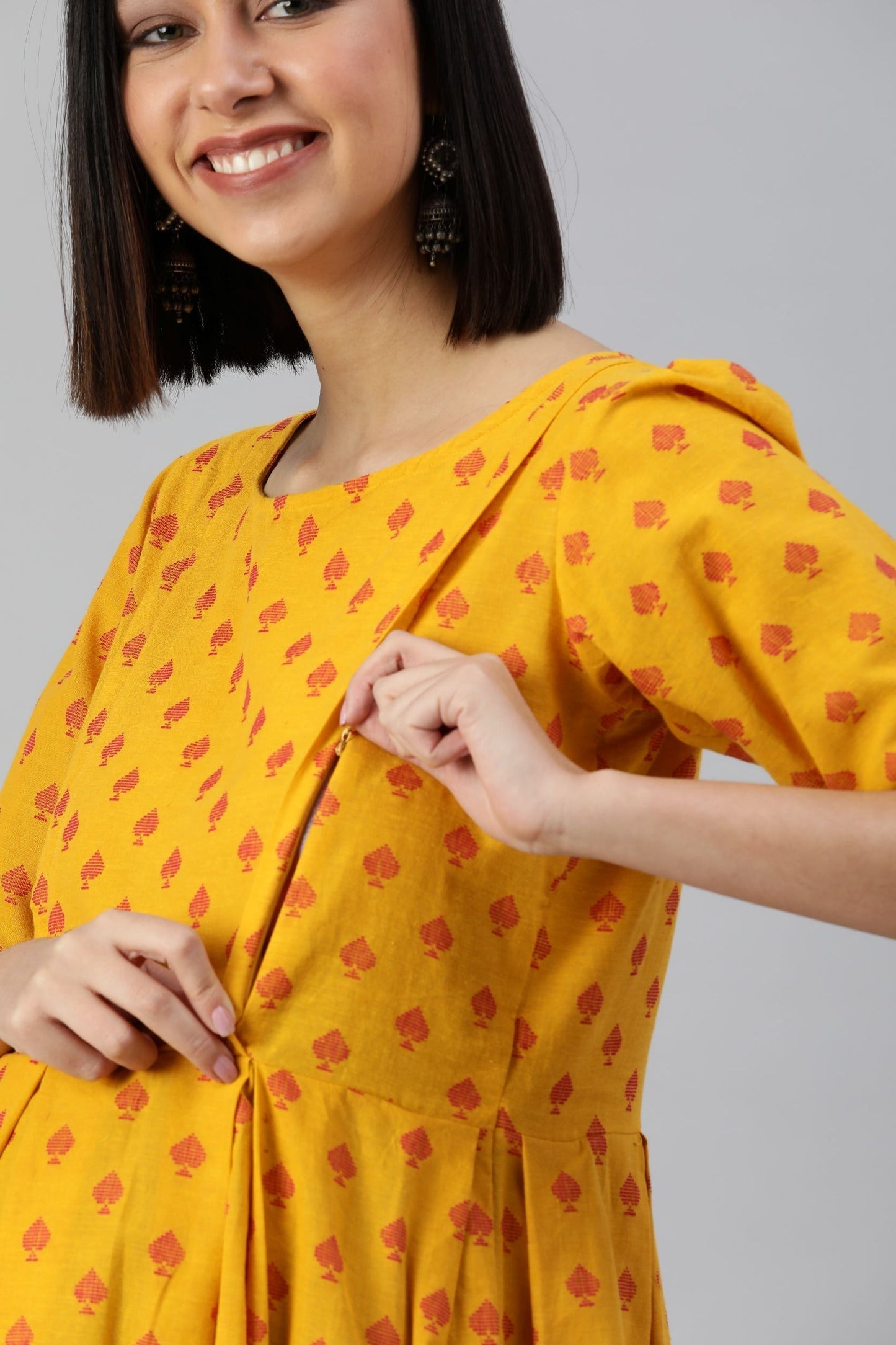 Mustard Yellow & Red Pure Cotton Embroidered Maternity A-Line Midi Dress