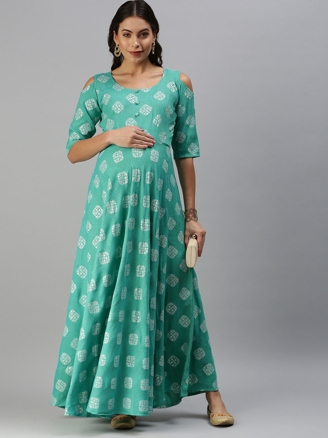 Sea Green & White Ethnic Motifs Printed Maternity Maxi Dress