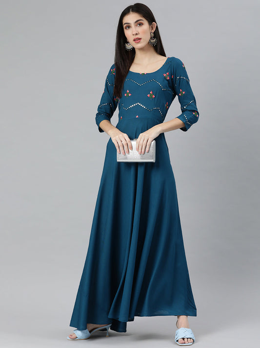 Teal Blue Solid Ethnic Maxi Dress with Embroidered Detail