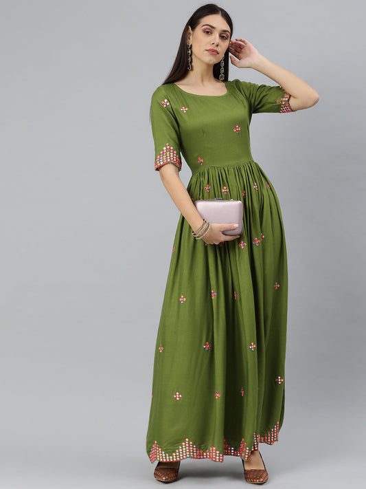 Olive Green Mirror Work Ethnic Maxi Dress