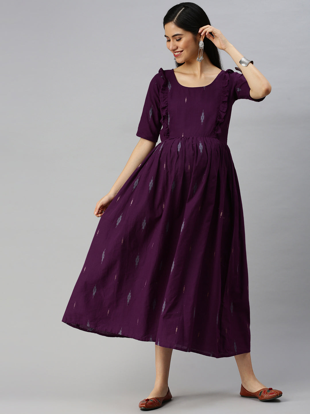 Purple Pure Cotton Ethnic Motifs Maternity A-Line Midi Dress