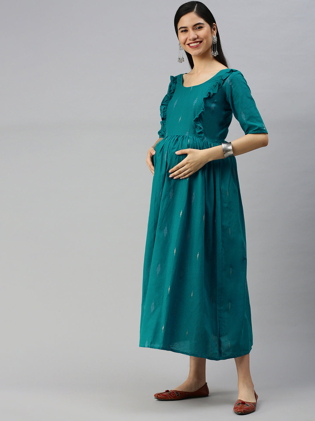 Green Pure Cotton Ethnic Motifs Maternity Midi Dress