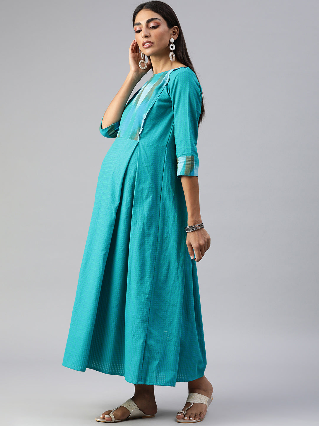 Blue Solid Cotton Maternity Midi Dress