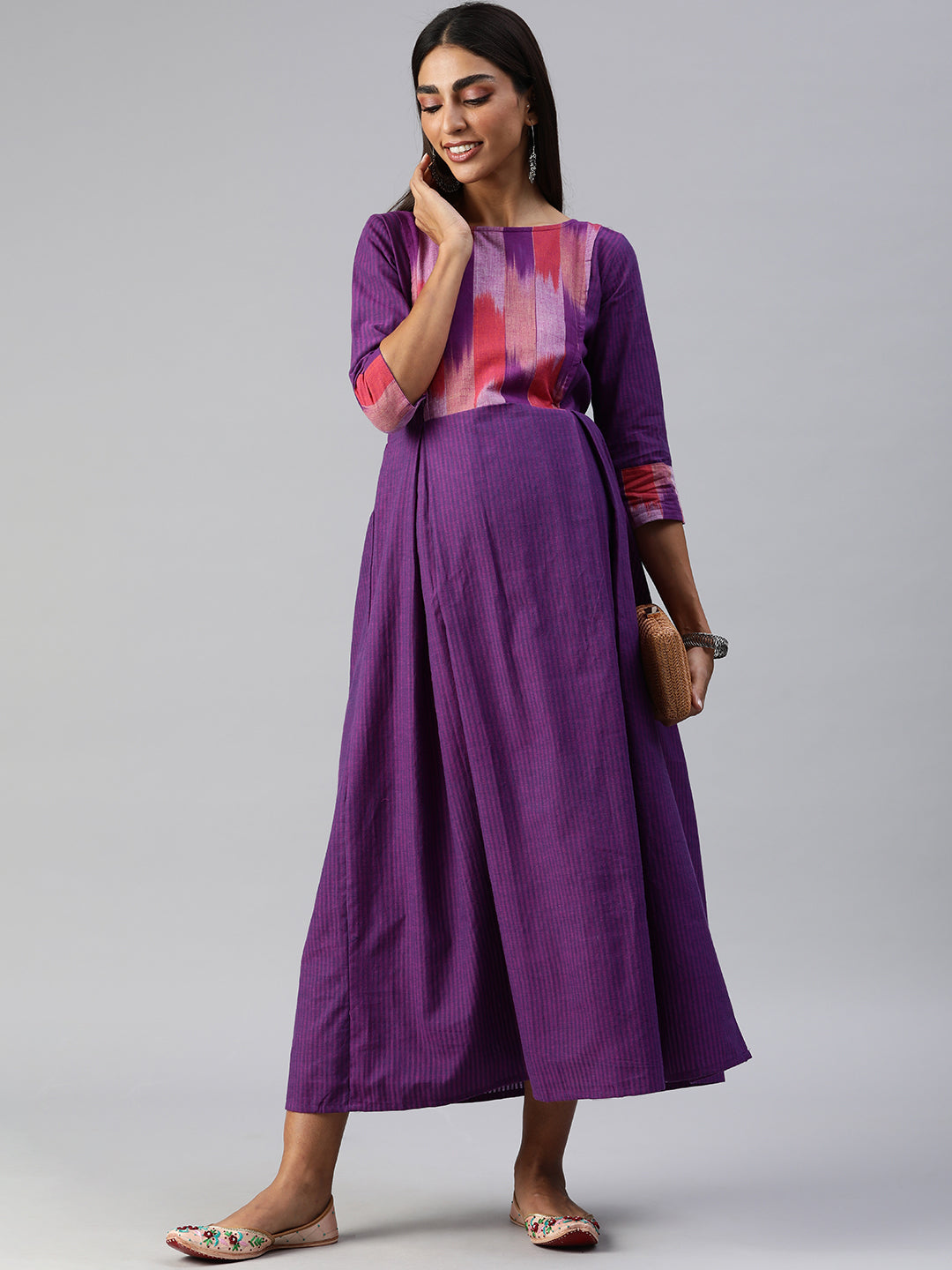 Purple Solid Maternity Midi Dress