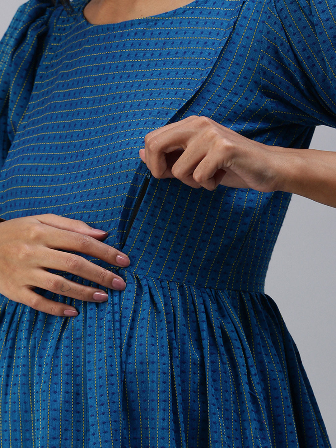 Blue & Yellow Striped Maternity Midi Dress