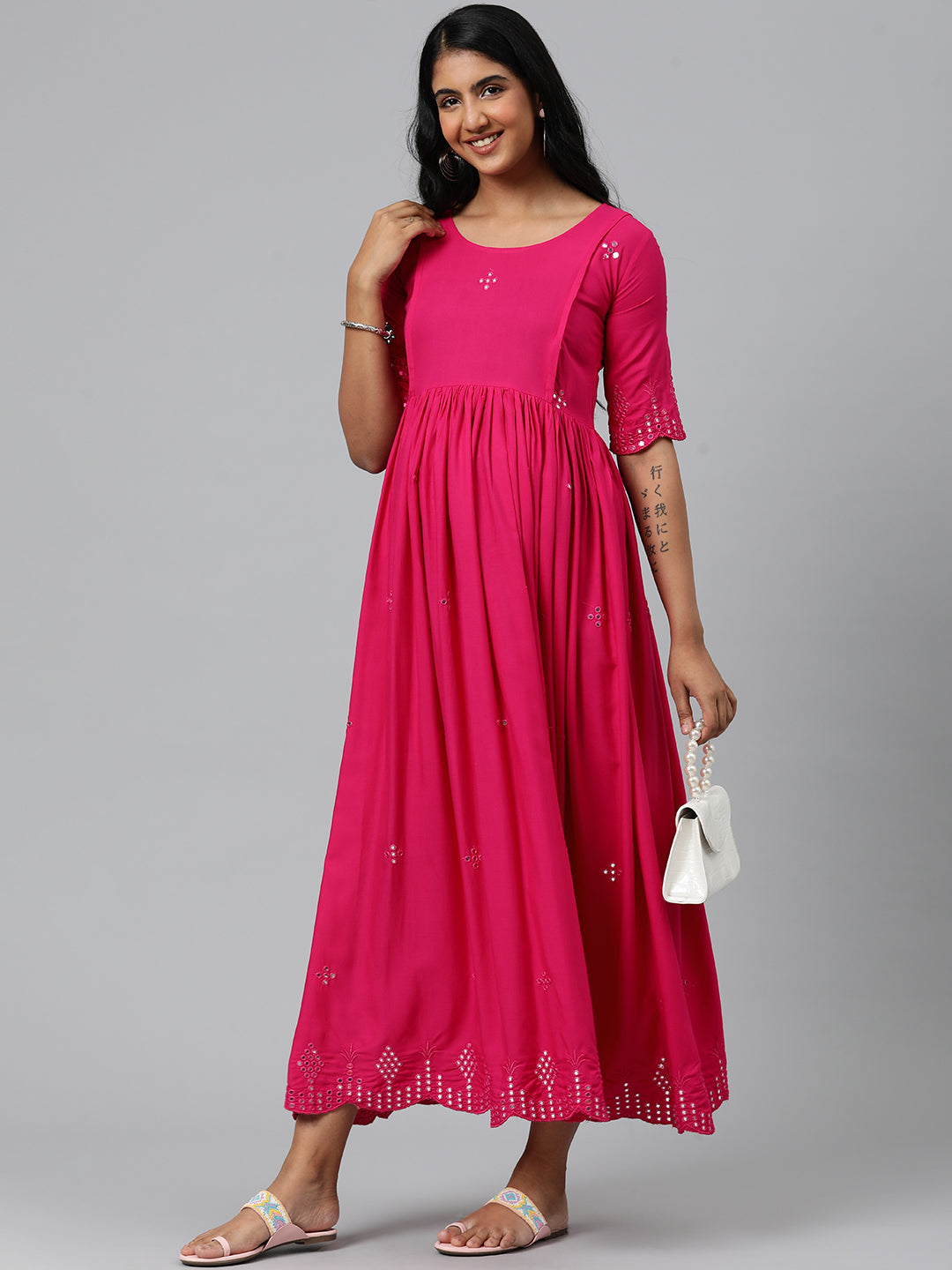 Pink embellished fit & flare ethnic dress