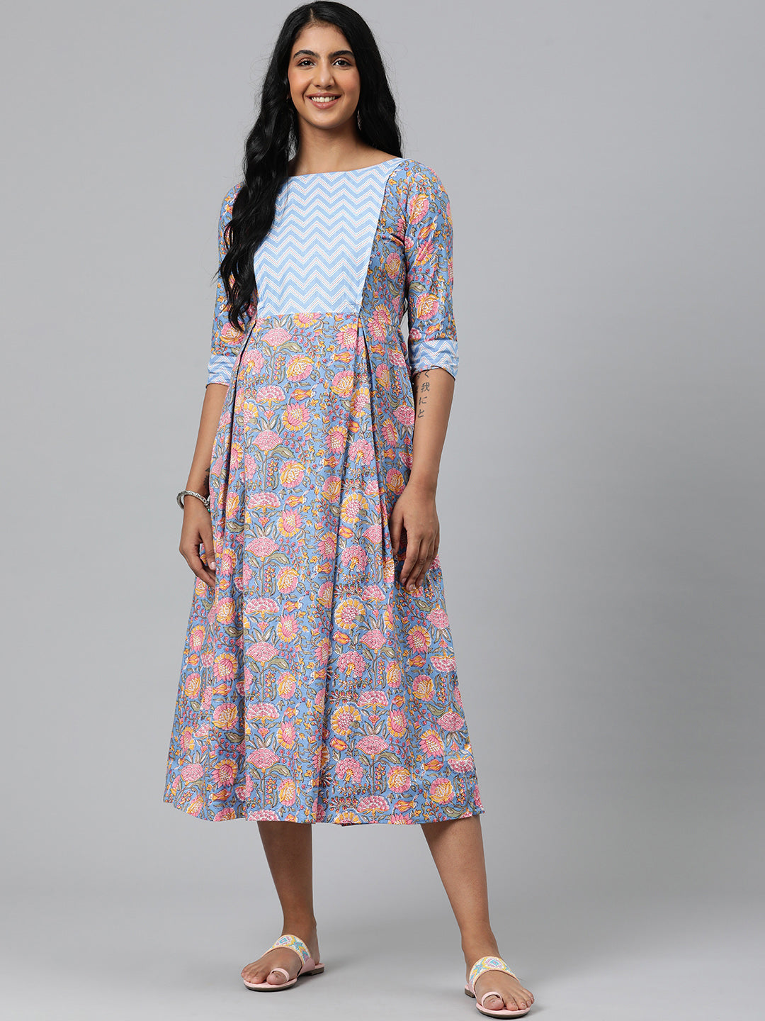 Blue and Pink Floral print Maternity Midi Ethnic Dress