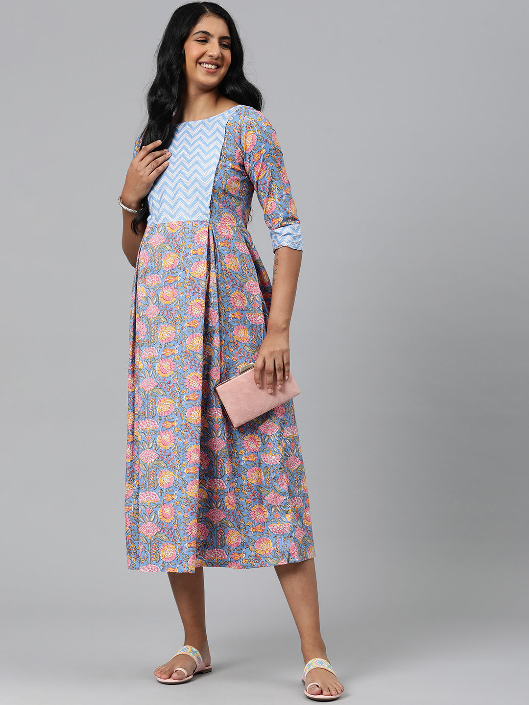 Blue and Pink Floral print Maternity Midi Ethnic Dress
