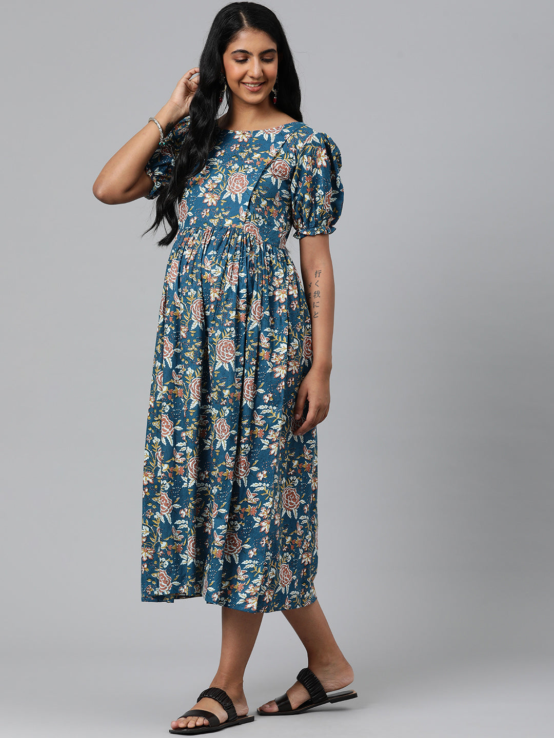 Blue Floral Maternity Puff Sleeves Midi Ethnic Dress
