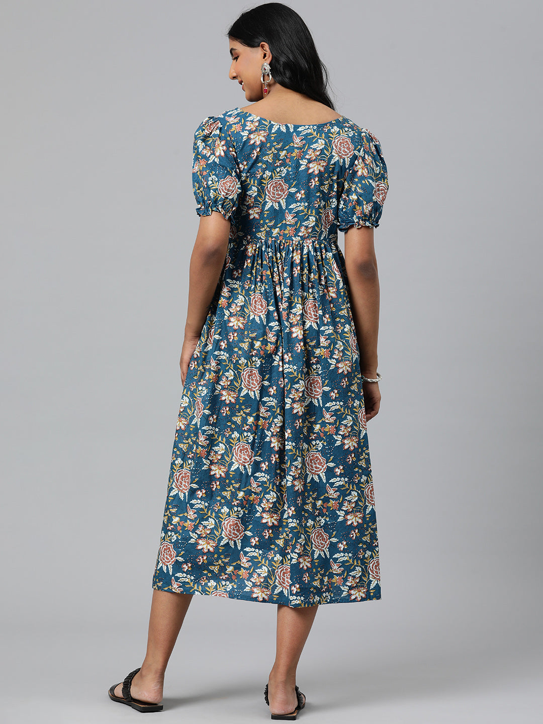 Blue Floral Maternity Puff Sleeves Midi Ethnic Dress