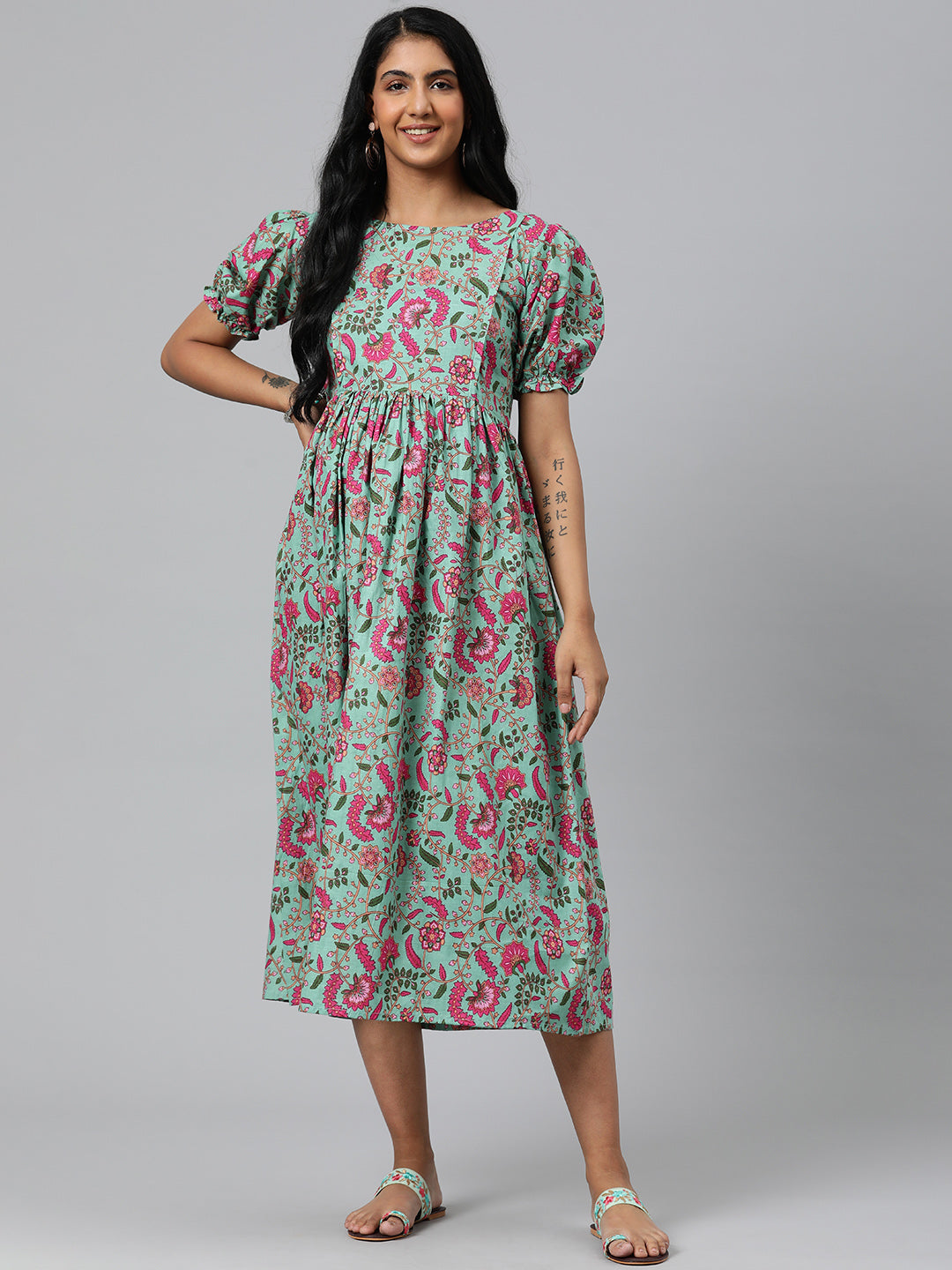 Blue and pink Floral Maternity Puff Sleeves Midi Ethnic Dress