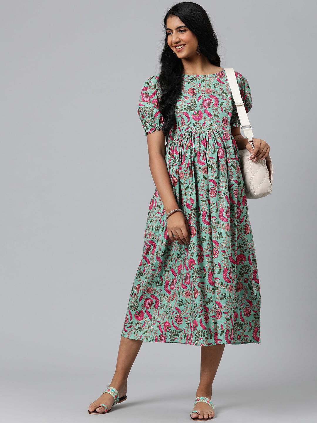 Blue and pink Floral Maternity Puff Sleeves Midi Ethnic Dress