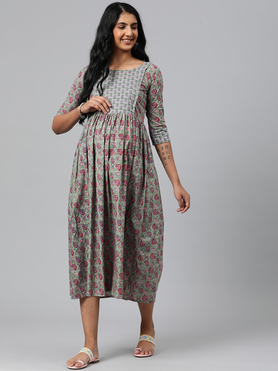 Grey Floral print Maternity Midi Ethnic Dress