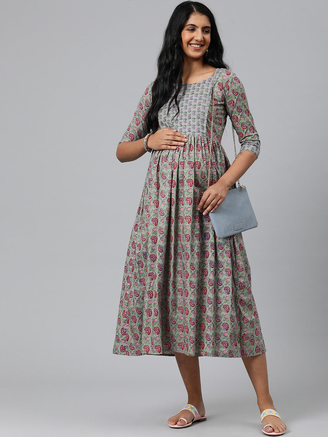 Grey Floral print Maternity Midi Ethnic Dress