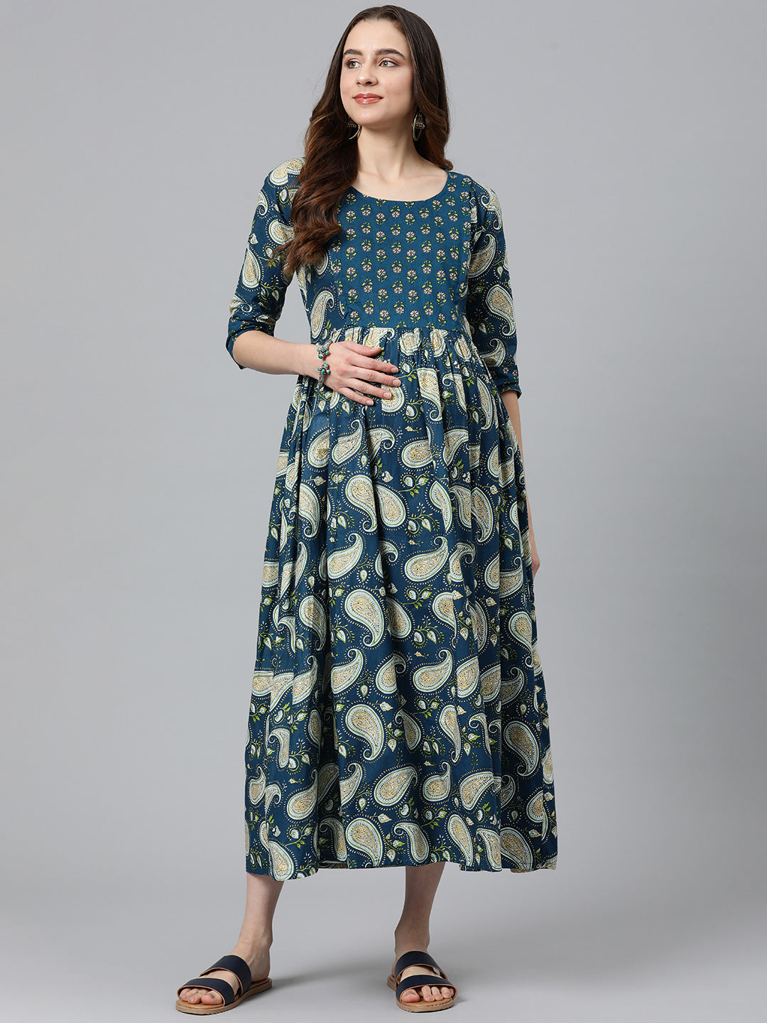 Blue Paisley print Maternity Midi Ethnic Dress