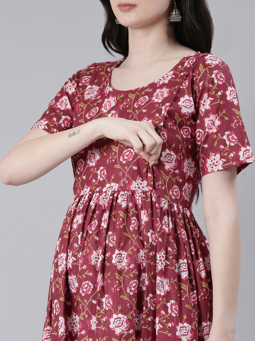 Maroon & White Floral Print Maternity Fit & Flare Midi Ethnic Dress