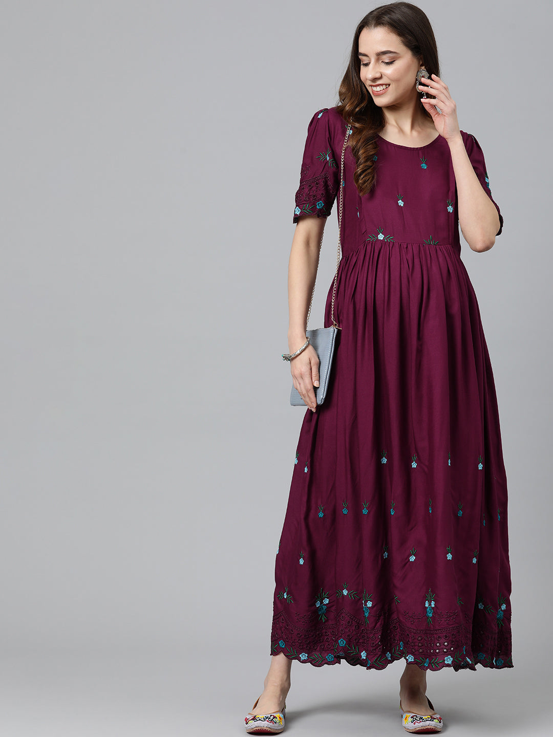 Burgundy floral embroidered fit & flare dress