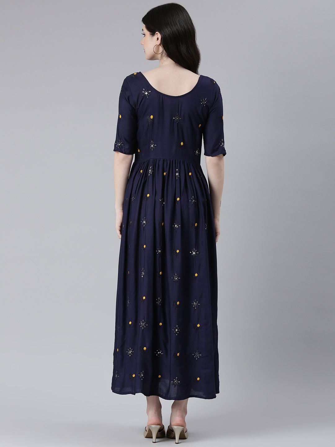 Navy blue Embellished Embroidered Ruffled Maternity Fit & Flare Maxi Ethnic Dress