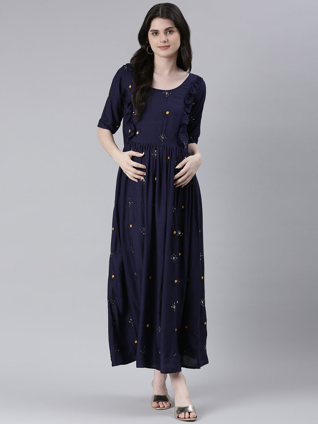 Navy blue Embellished Embroidered Ruffled Maternity Fit & Flare Maxi Ethnic Dress
