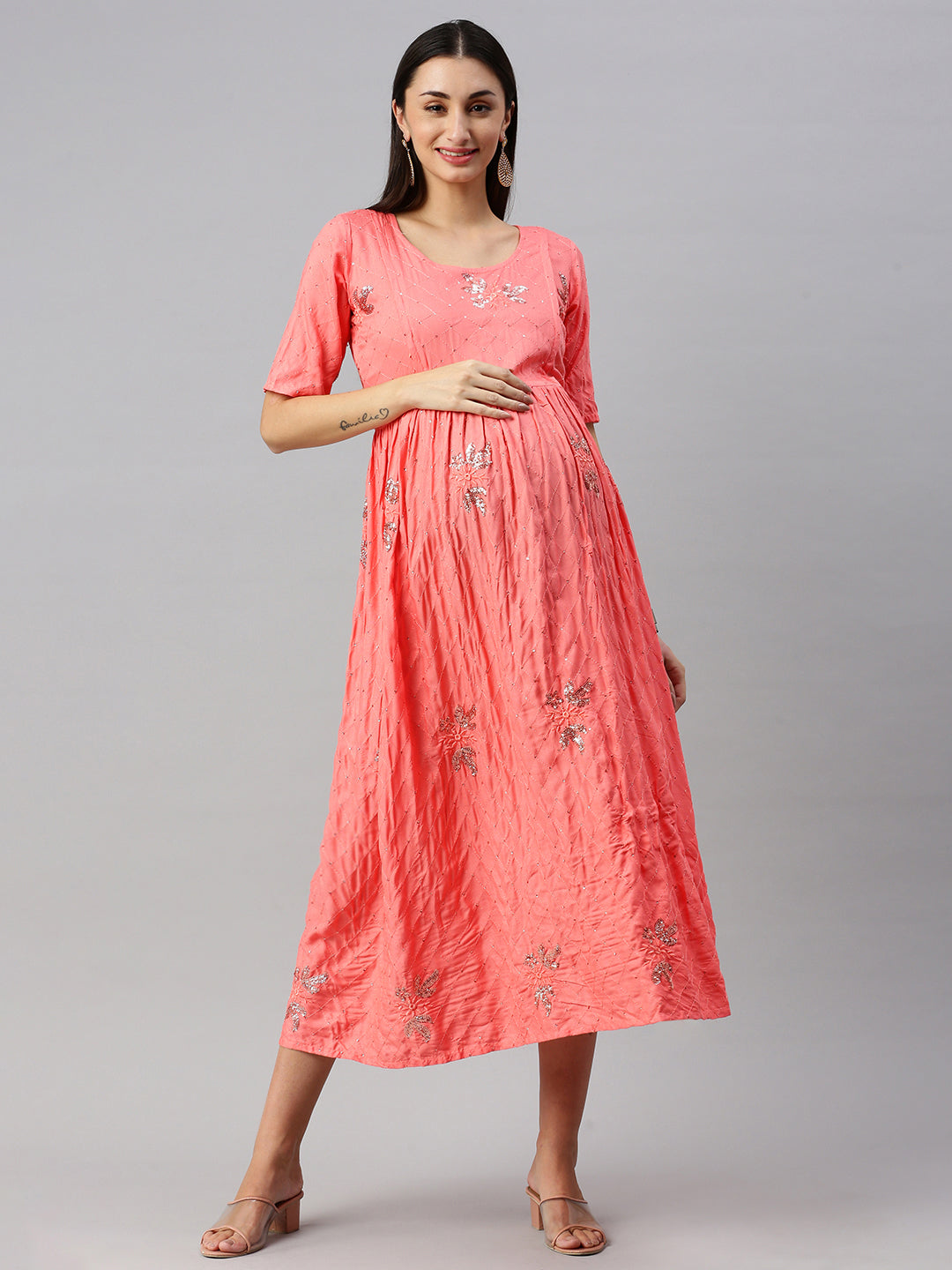Peach embroidered Maternity Fit & Flare Maxi Dress