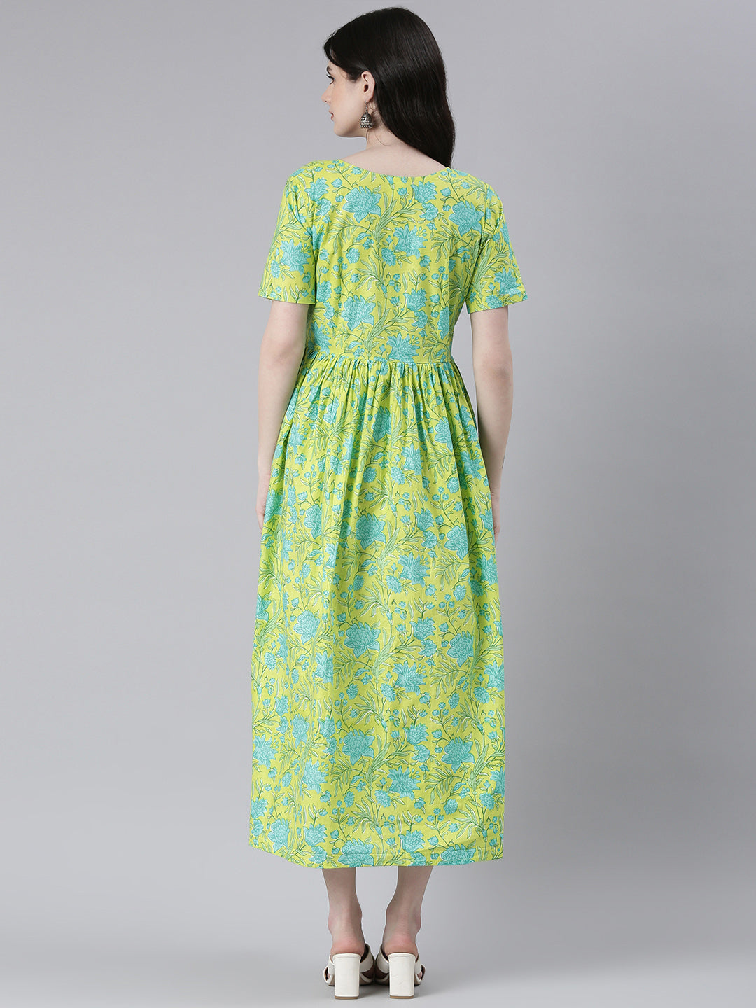 Green and blue Floral Print Maternity Fit & Flare Midi Ethnic Dress