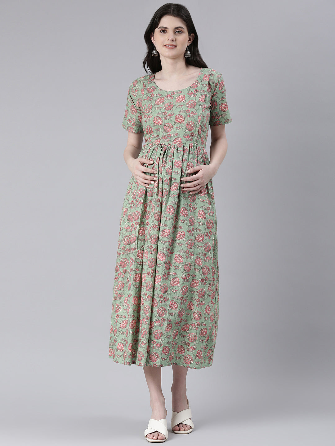 Sea green and pink Floral Print Maternity Fit & Flare Midi Ethnic Dress