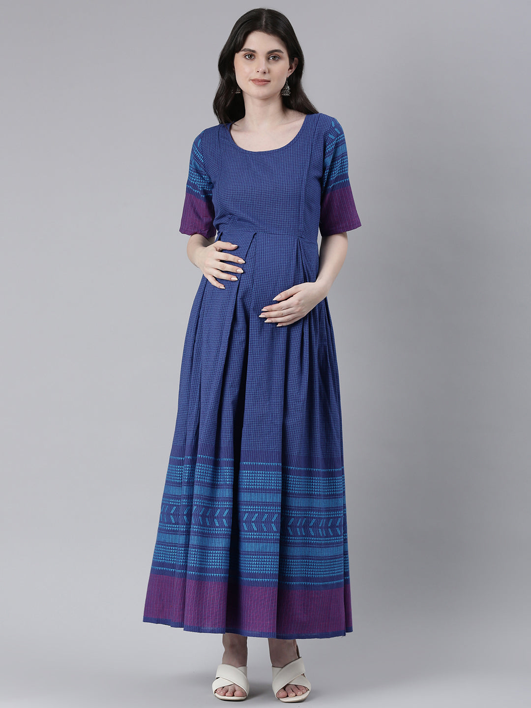 Checked Maternity Fit & Flare Maxi Ethnic Dress