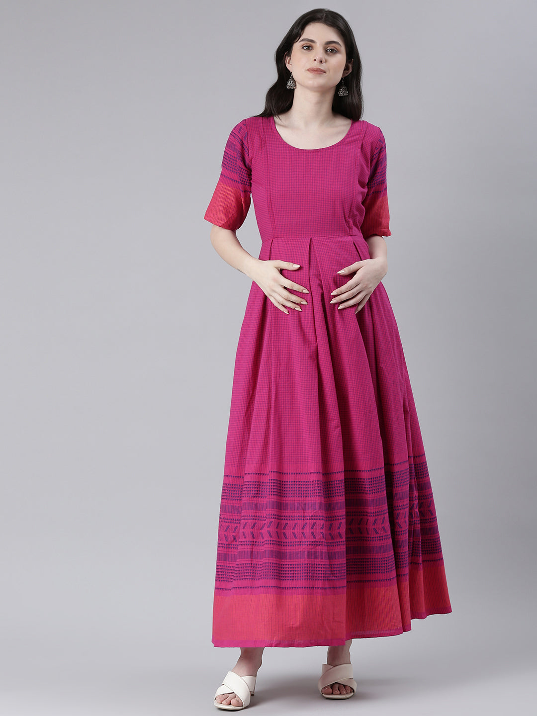 Pink and navy blue geometric Checked Maternity Fit & Flare Maxi Ethnic Dress