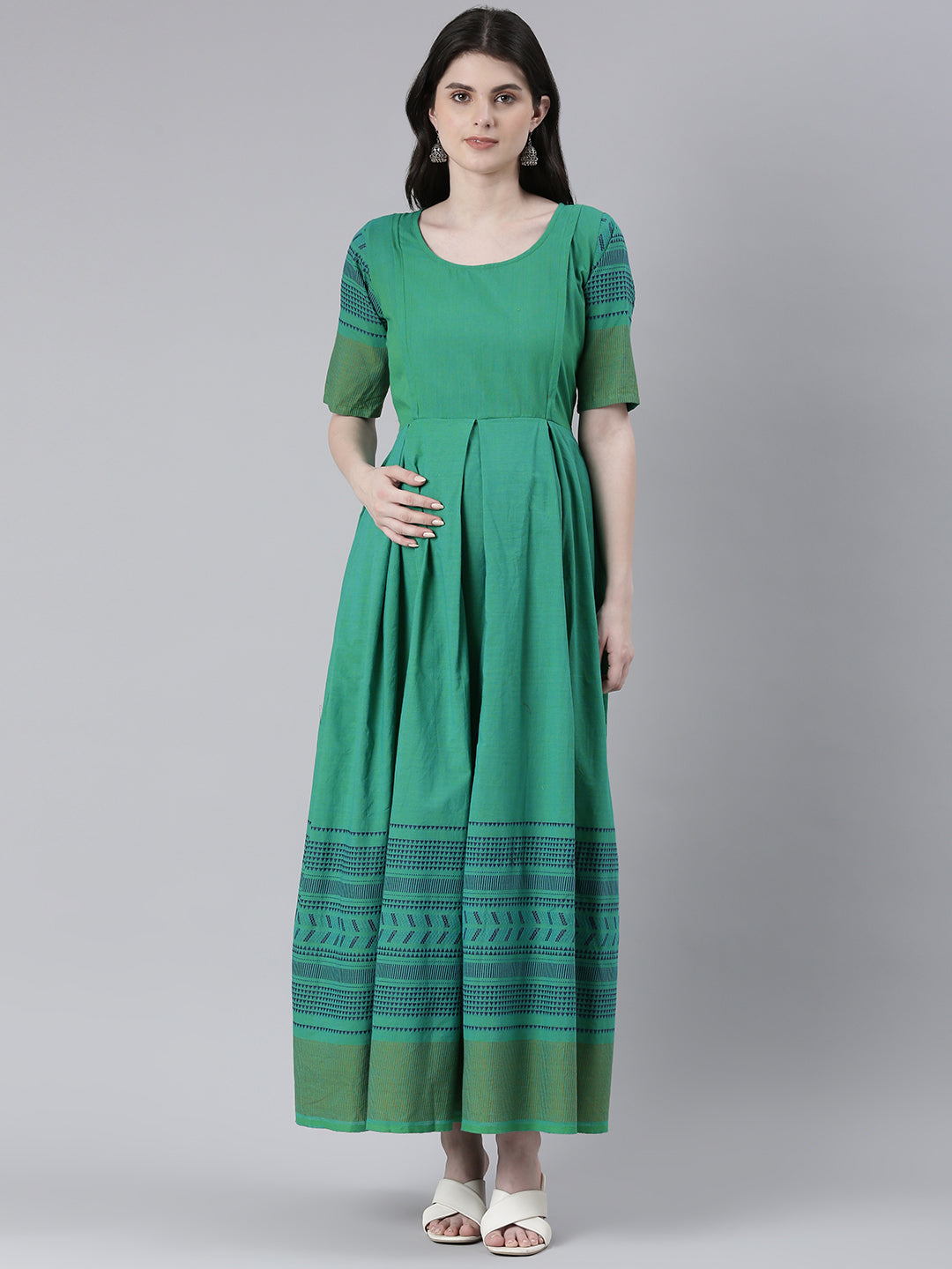 Green and navy blue geometric Checked Maternity Fit & Flare Maxi Ethnic Dress