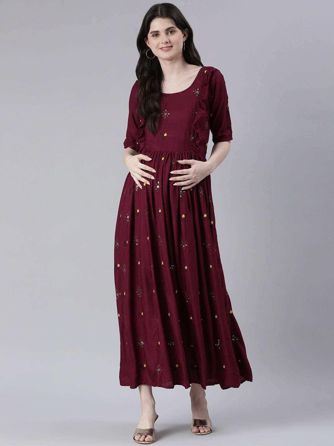 Maroon Embellished Embroidered Ruffled Maternity Fit & Flare Maxi Ethnic Dress