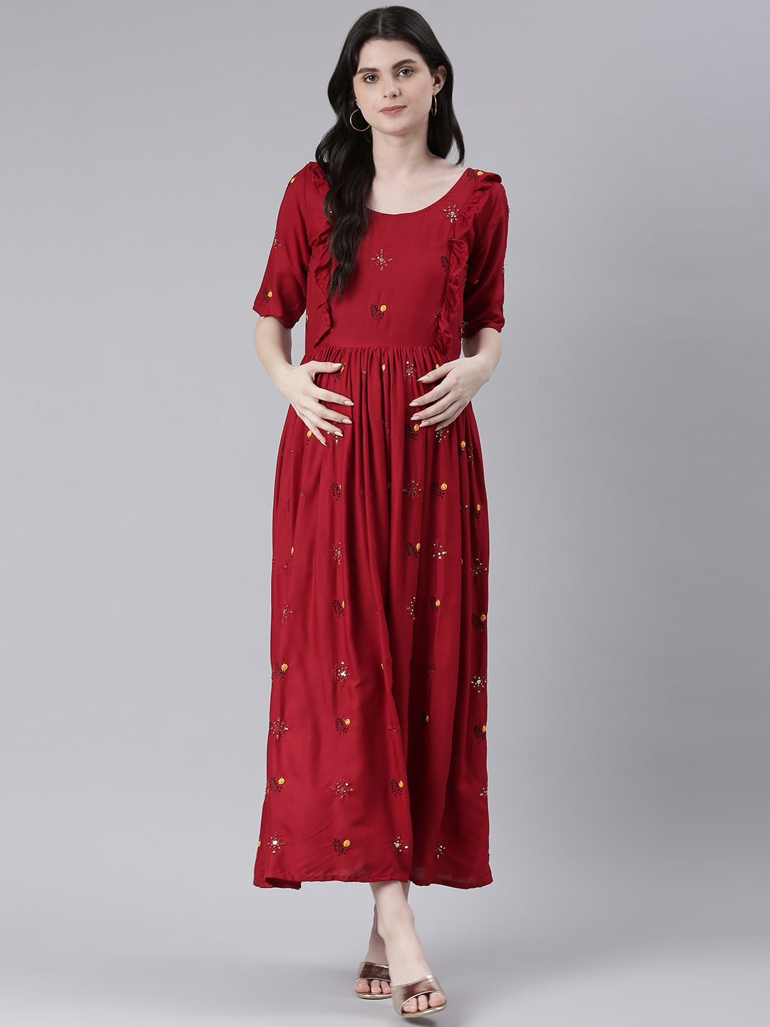 Red  Embellished Embroidered Ruffled Maternity Fit & Flare Maxi Ethnic Dress