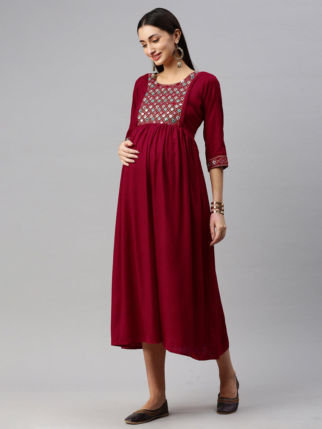 Red embroidered Maternity Fit & Flare Maxi Dress