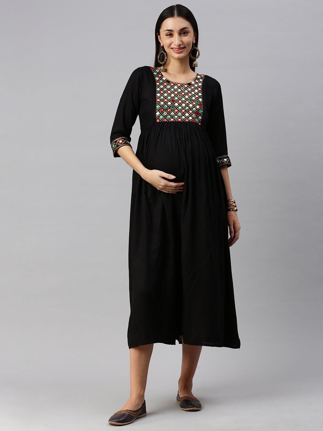 Black embroidered Maternity Fit & Flare Maxi Dress