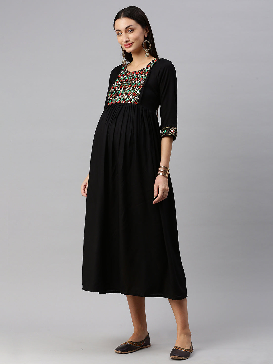 Black embroidered Maternity Fit & Flare Maxi Dress