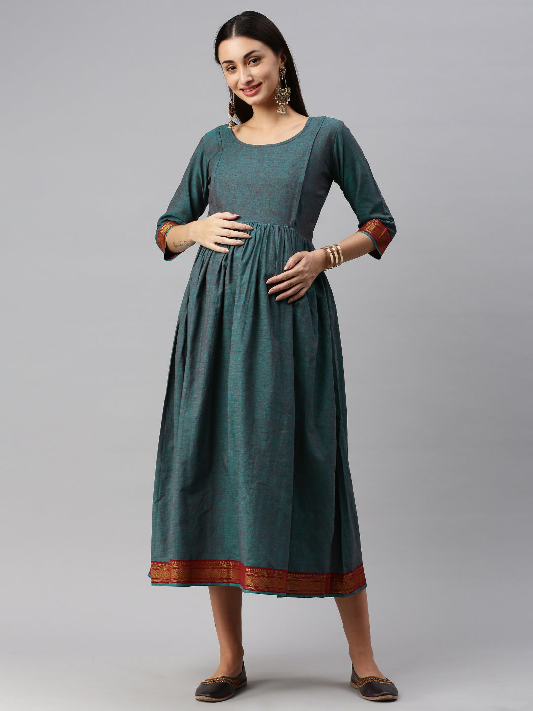 Teal solid Maternity Fit & Flare Maxi Dress