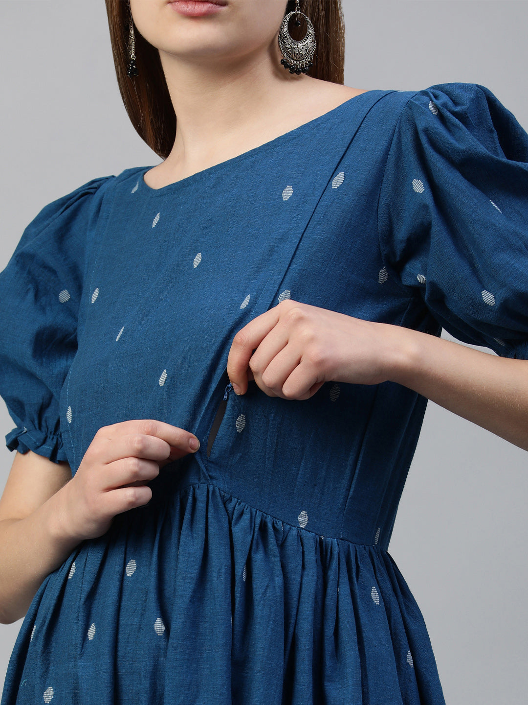 Blue Print Puff Sleeve Maternity Fit & Flare Cotton Maxi Dress