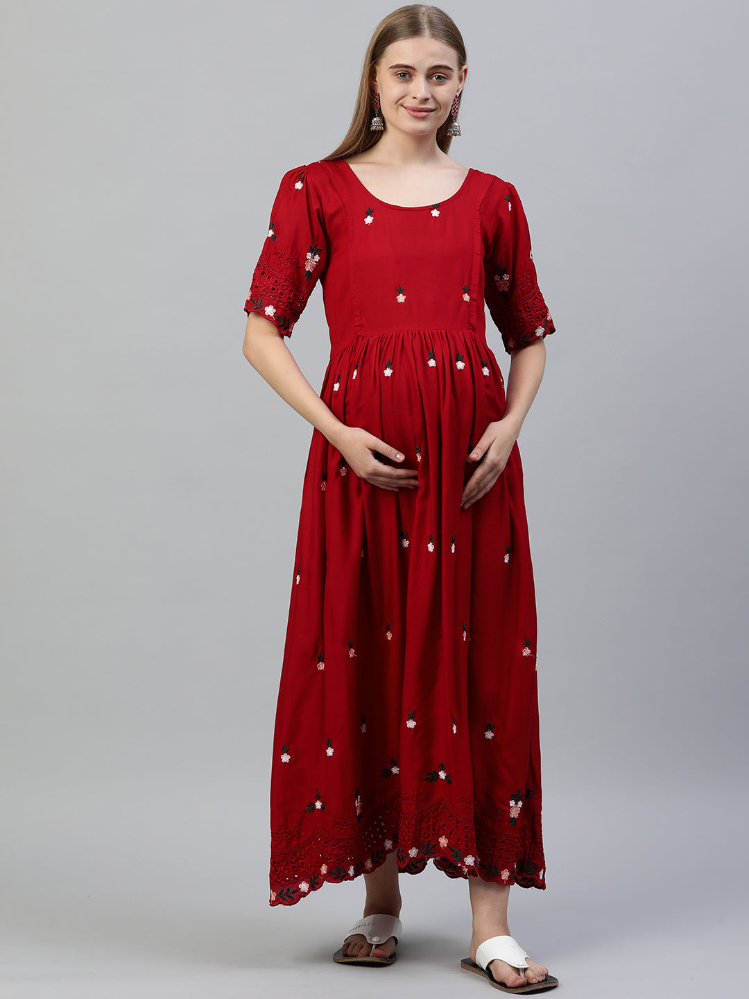 Red Floral Embroidered Maternity fit and flared Maxi Dress