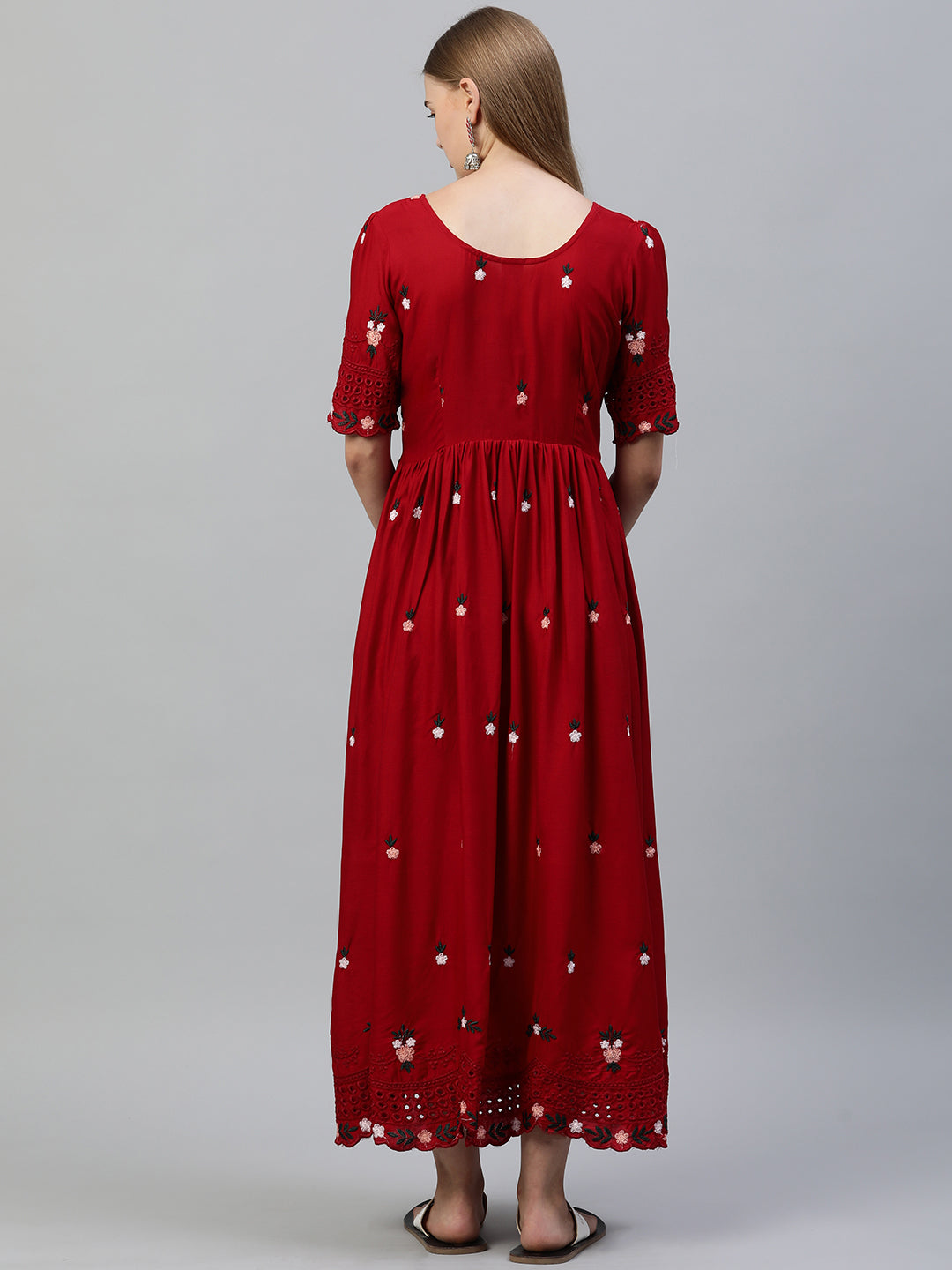 Red Floral Embroidered Maternity fit and flared Maxi Dress