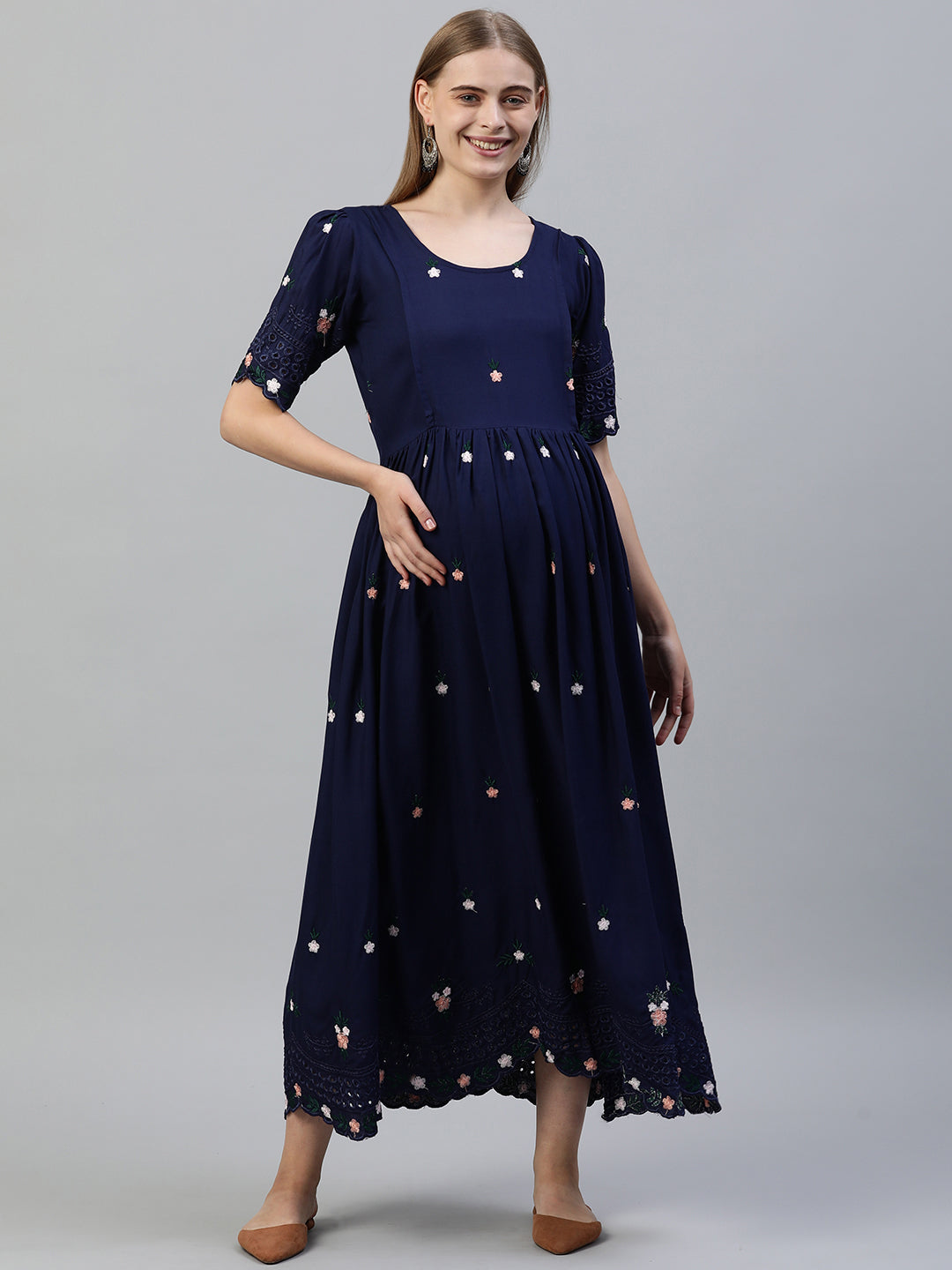 Blue Floral Embroidered Maternity fit and flared Maxi Dress