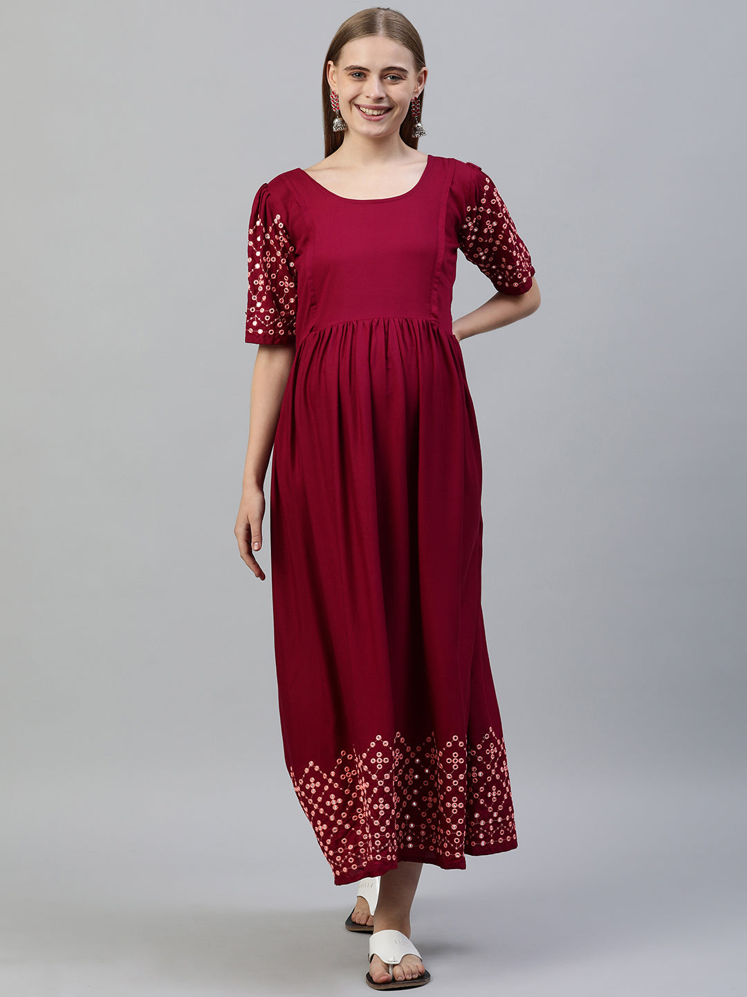 Wine Embroidered Maternity Fit & Flare Maxi Dress